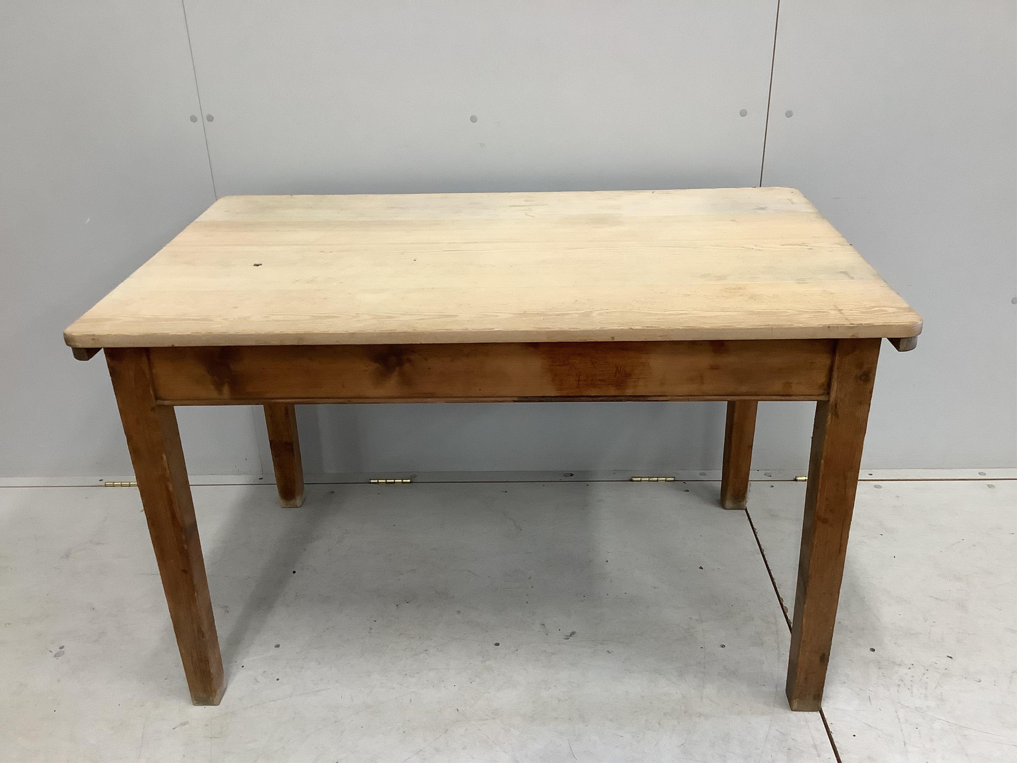 A Victorian rectangular scrubbed pine kitchen table, width 123cm, depth 76cm, height 78cm. Condition - fair